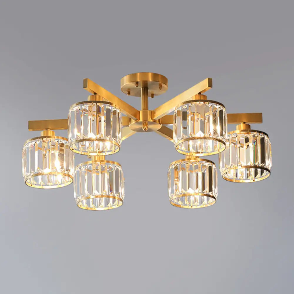 DecorBites™ DecorBites™ Modern Gold Semi Flush Mount Ceiling Light with Metallic Radial Design and Crystal Cylinder Shade