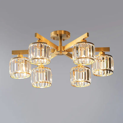 DecorBites™ DecorBites™ Modern Gold Semi Flush Mount Ceiling Light with Metallic Radial Design and Crystal Cylinder Shade
