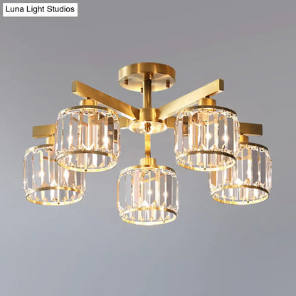 DecorBites™ DecorBites™ Modern Gold Semi Flush Mount Ceiling Light with Metallic Radial Design and Crystal Cylinder Shade