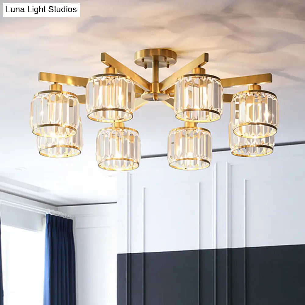 DecorBites™ DecorBites™ Modern Gold Semi Flush Mount Ceiling Light with Metallic Radial Design and Crystal Cylinder Shade