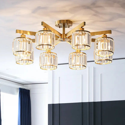 DecorBites™ DecorBites™ Modern Gold Semi Flush Mount Ceiling Light with Metallic Radial Design and Crystal Cylinder Shade