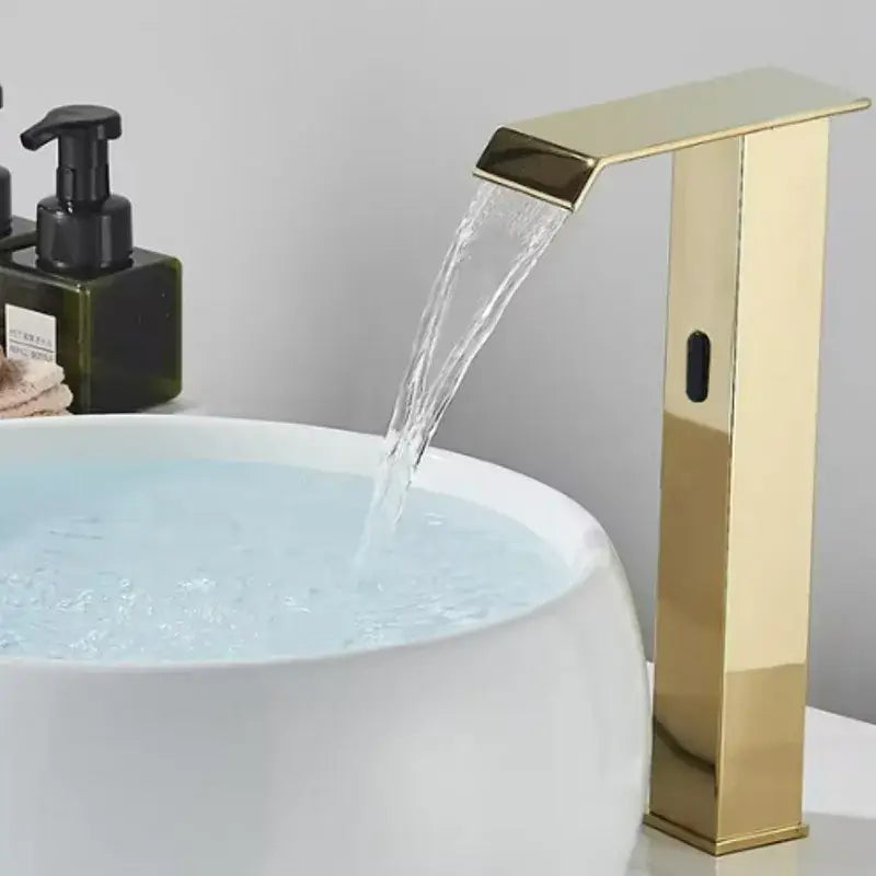 Modern gold sensor waterfall basin faucet with gold-toned sleek design for bathroom hot cold mixer decorbites gold sensor