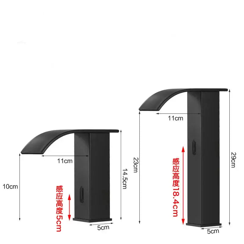 Modern black matte basin faucet with sleek curved spout and rectangular base for decorbites gold sensor waterfall use