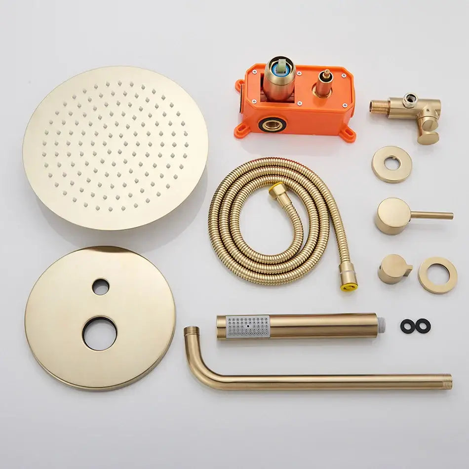 Gold shower faucet with round rainhead handheld sprayer flexible hose and orange control box for modern bathroom decorbites shower faucet