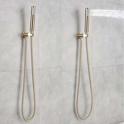 Two sleek gold shower faucet rainfall heads with flexible braided hoses mounted on a tiled wall by decorbites gold shower