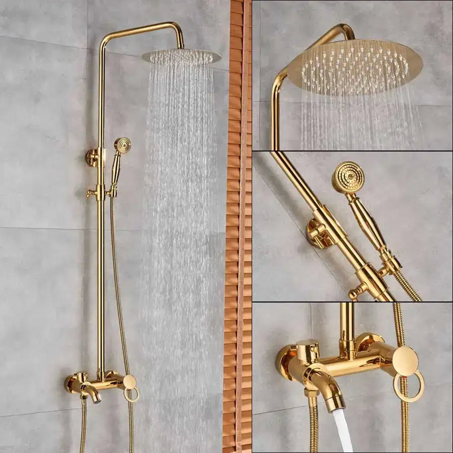 Modern gold shower mixer taps with rainfall head handheld sprayer and wall-mounted control valve for bathroom use