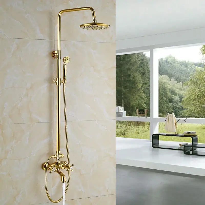 Modern gold shower mixer taps in brass with rainfall head and adjustable handheld spray featuring crystal accents