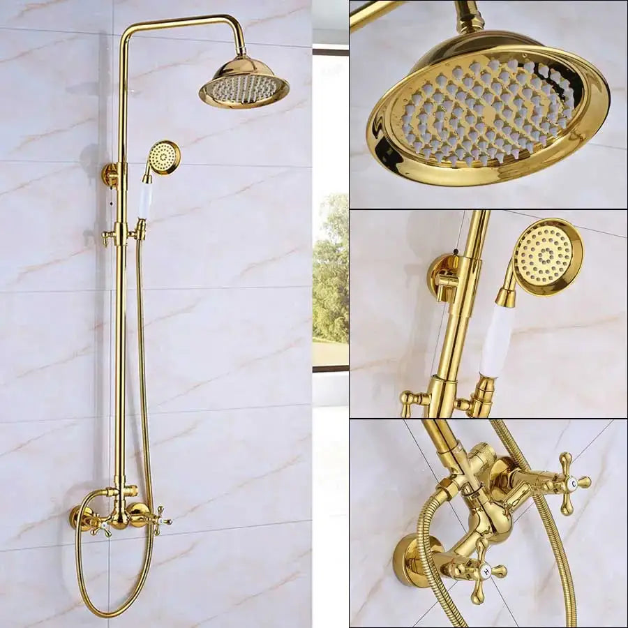 Modern gold shower mixer taps in brass with rainfall and handheld heads featuring white ceramic handles for bathroom use