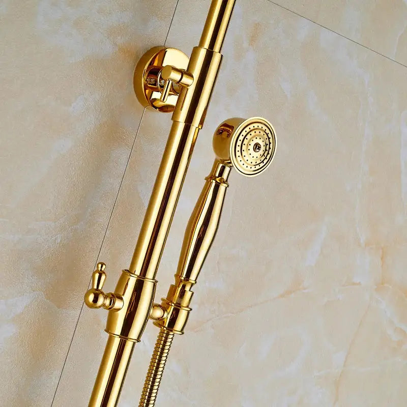 Modern gold shower mixer taps with polished brass finish including rainfall head and elegant handheld nozzle for bathroom use