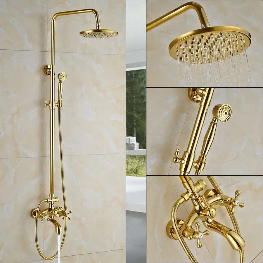 Modern gold shower mixer taps in brass with round rainfall head and handheld spray nozzle for bathroom use