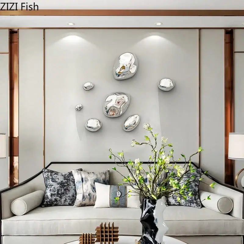 Modern silver glossy irregular stone wall ornaments for living room decor featuring 3d stone wall design
