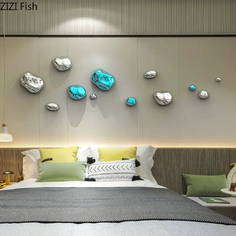 Modern gold and silver 3d stone wall ornaments in shiny metallic silver and turquoise hues for living room decor
