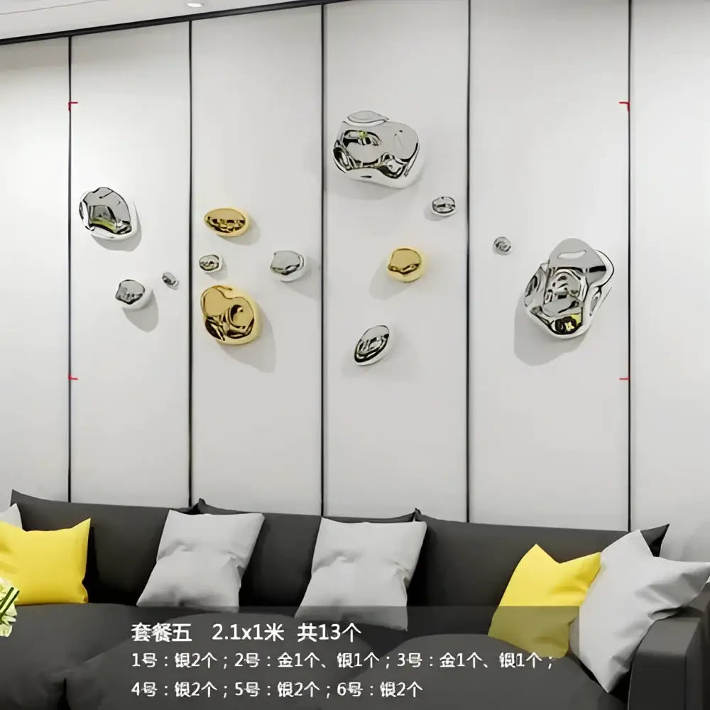 Modern gold and silver 3d stone wall ornaments featuring shiny metallic rock shapes for living room wall decor