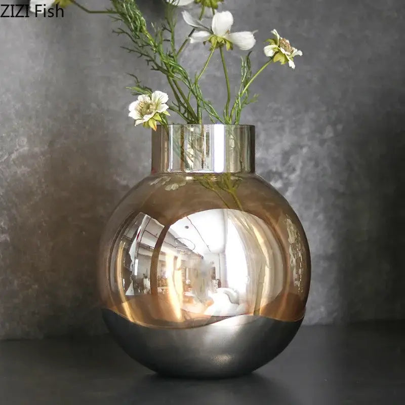 Modern gold and silver amber glass vase by decorbites with sleek reflective metallic finish for living room decor