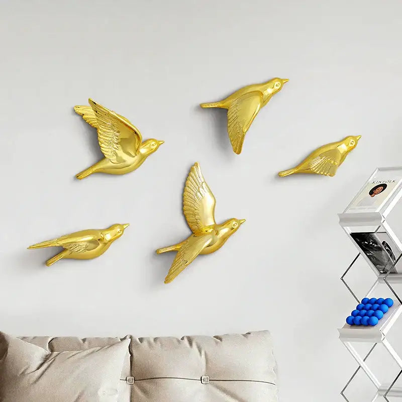 Five golden metallic bird resin statue wall decor pieces in flight modern gold and silver resin statue wall for children’s room