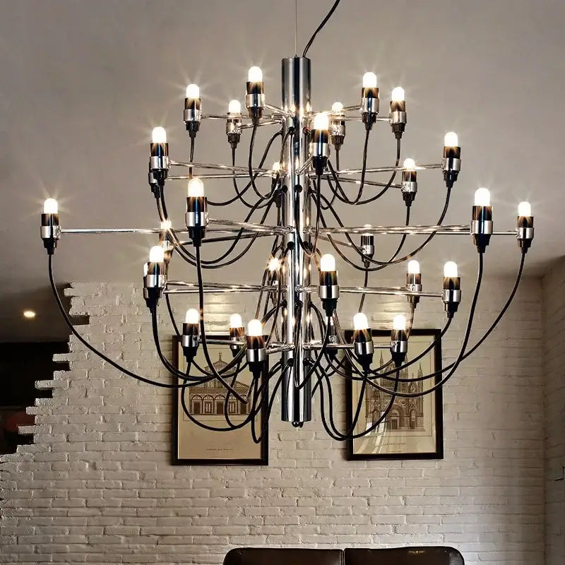 Modern gold silver chandelier with chrome finish multiple exposed bulbs and black cords for living room pendant lighting