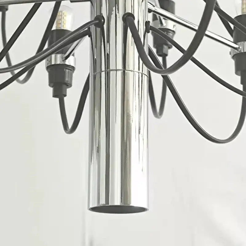 Modern gold silver chandelier with chrome finished cylindrical design and black cords for living room pendant lighting