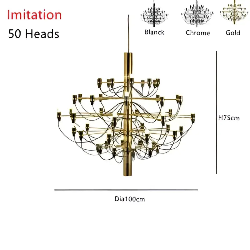 Modern gold silver chandelier with 50 candle-style lights in a tiered radial design for living room pendant lighting