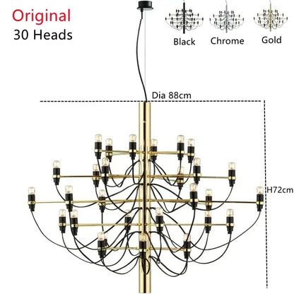 Modern gold silver chandelier featuring 30 exposed bulb heads with black wiring for stylish living room pendant lighting