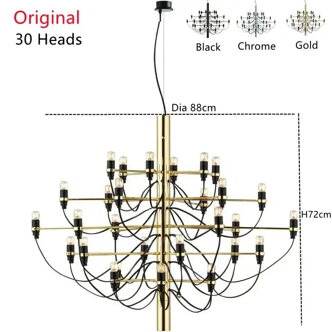 Modern gold silver chandelier featuring 30 exposed bulb heads with black wiring for stylish living room pendant lighting