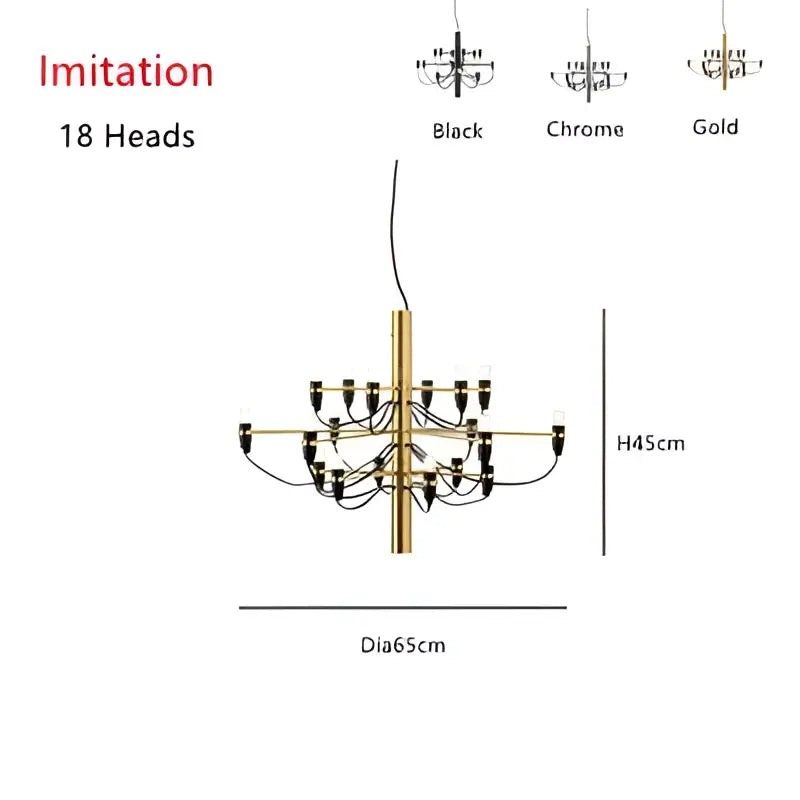 Modern gold silver chandelier with 18 candle-style lights in three tiers on a central rod for living room pendant use