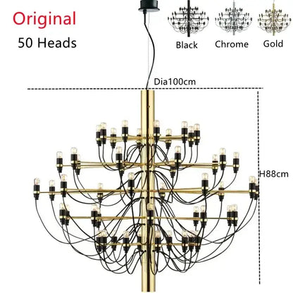 Modern gold and silver chandelier with 50 exposed bulbs and black wiring for living room pendant lighting