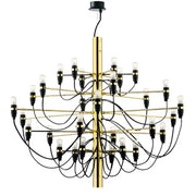 Modern gold and silver chandelier with gold-toned frame black accents and multiple exposed bulbs for living room use