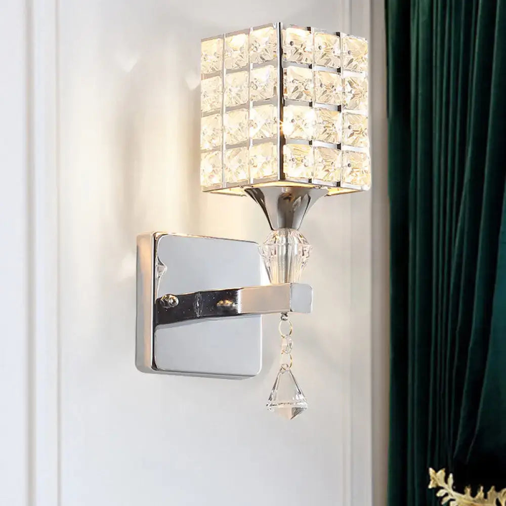 Modern gold and silver clear crystal light fixture with square shade and polished chrome bracket for 110v-120v use