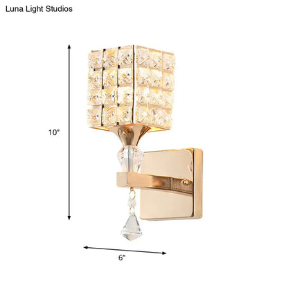 Modern gold light fixture with clear crystal square panel and dangling teardrop crystals for 110v-120v bedroom use