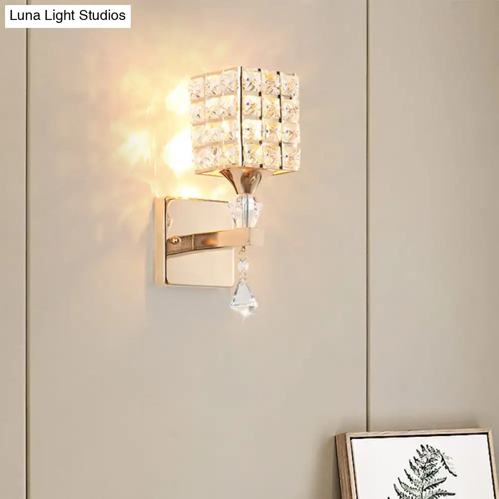 Modern gold light fixture with clear crystal square shade and dangling teardrop compatible with 110v-120v bedroom use