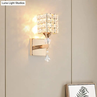 Modern gold light fixture with clear crystal square shade and dangling teardrop compatible with 110v-120v bedroom use