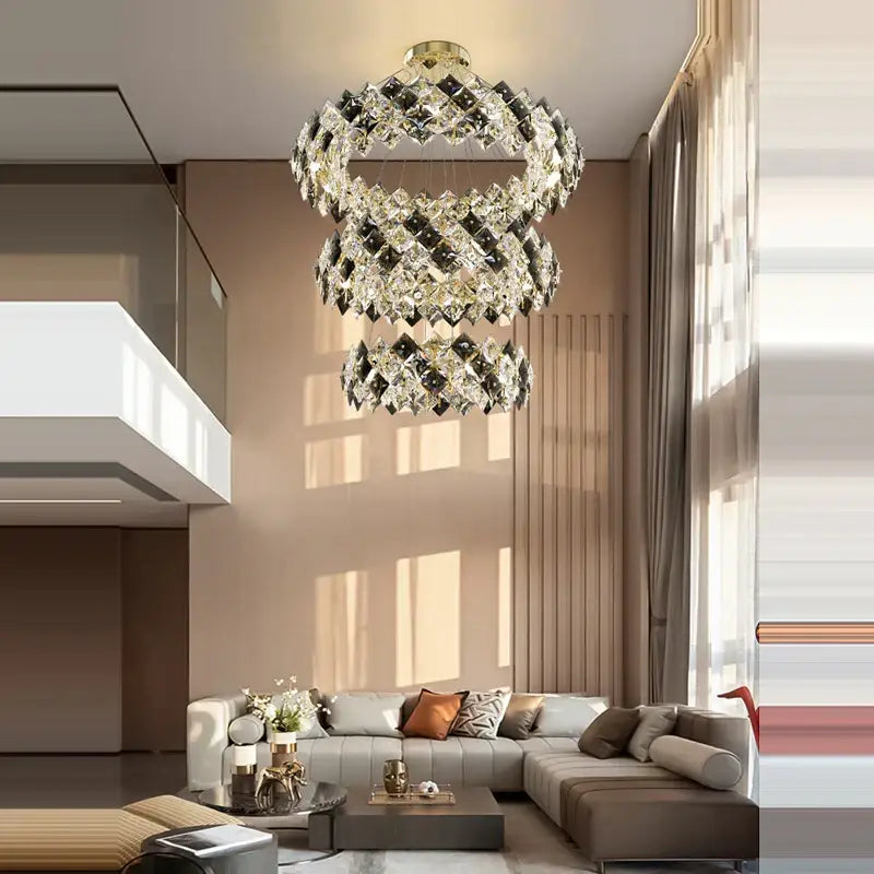Modern gold and silver crystal dimmable led chandelier with cascading diamond facets for elegant dining room decorbites