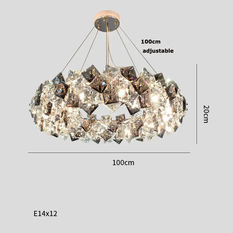 A modern gold and silver crystal dimmable led chandelier with clear and smoky faceted crystals for dining room decorbites