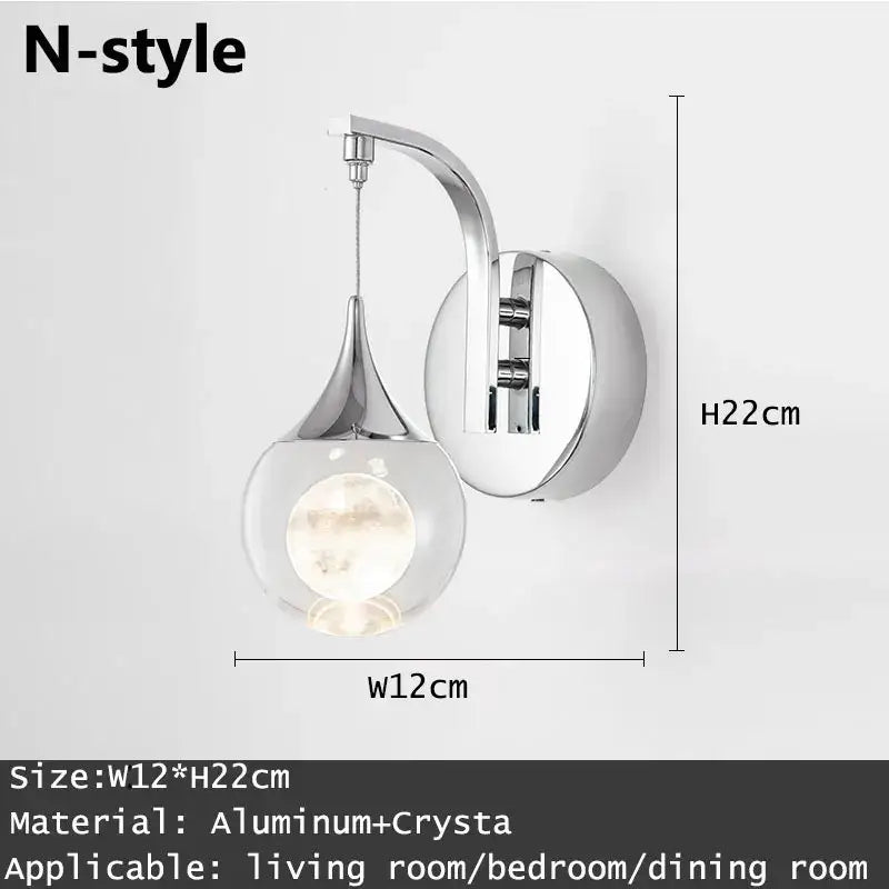 Modern gold and silver decorbites crystal led wall sconce with chrome finish teardrop glass globe and aluminum bracket
