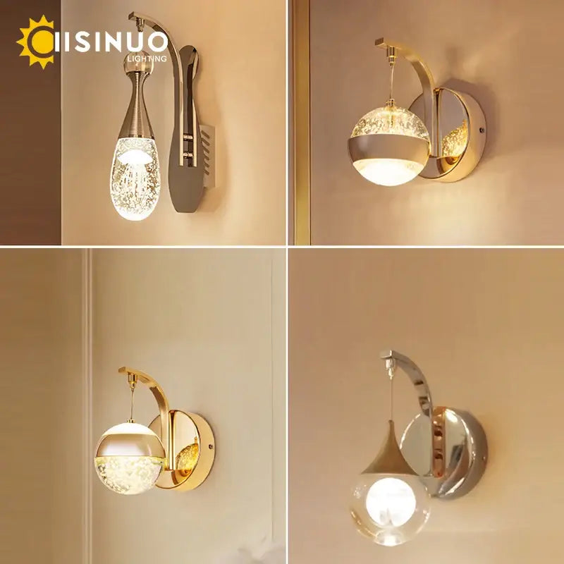 Modern gold and silver crystal led wall sconce with crystal-encrusted globe shades for elegant bedroom decorbites crystal led lighting
