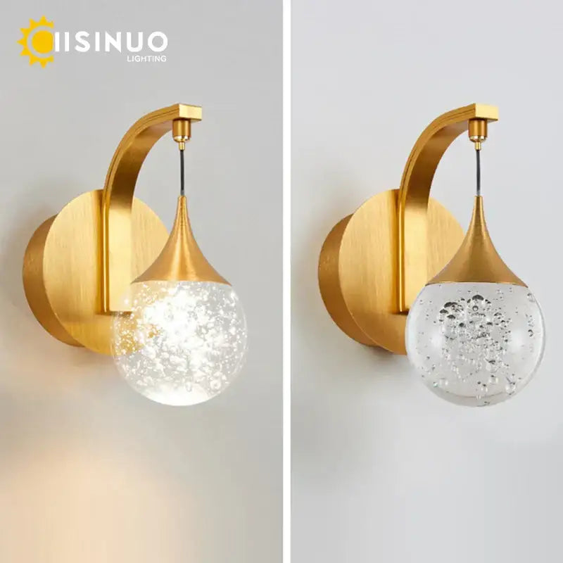 Modern gold and silver crystal led wall sconce with a gold-toned bubble textured glass globe for bedroom decorbites crystal led