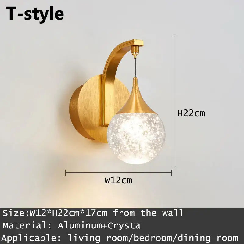 Modern gold and silver crystal led wall sconce with gold-toned t-style arm and frosted crystal globe for decorbites crystal led wall lighting