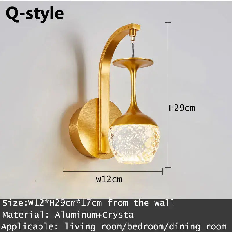 Modern gold and silver crystal led wall sconce with wine glass-shaped crystal shade and aluminum frame for bedroom decorbites crystal led wall