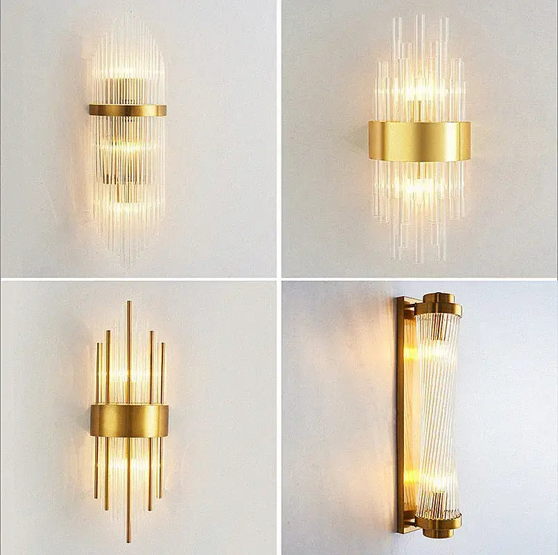 Modern gold and silver crystal wall lamp featuring gold-finished wall sconces with clear glass prism cascades decorbites crystal wall