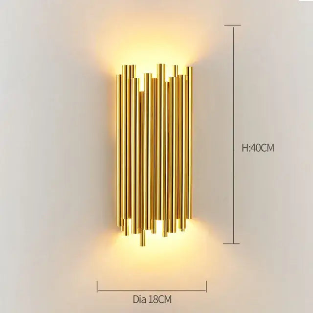 Modern gold wall lamp with vertical metallic rods in a minimal design perfect for decorbites crystal wall decor