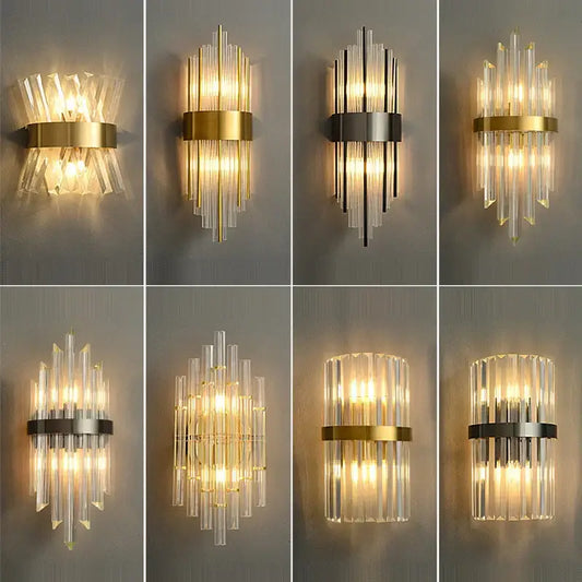 Modern gold and silver crystal wall lamp with clear faceted glass rods and metallic bands for elegant decorbites crystal wall use