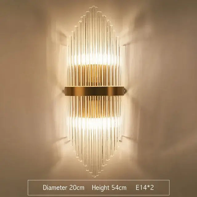 Modern gold wall lamp with clear glass rods in a vertical fan pattern decorbites crystal wall bedroom sconce