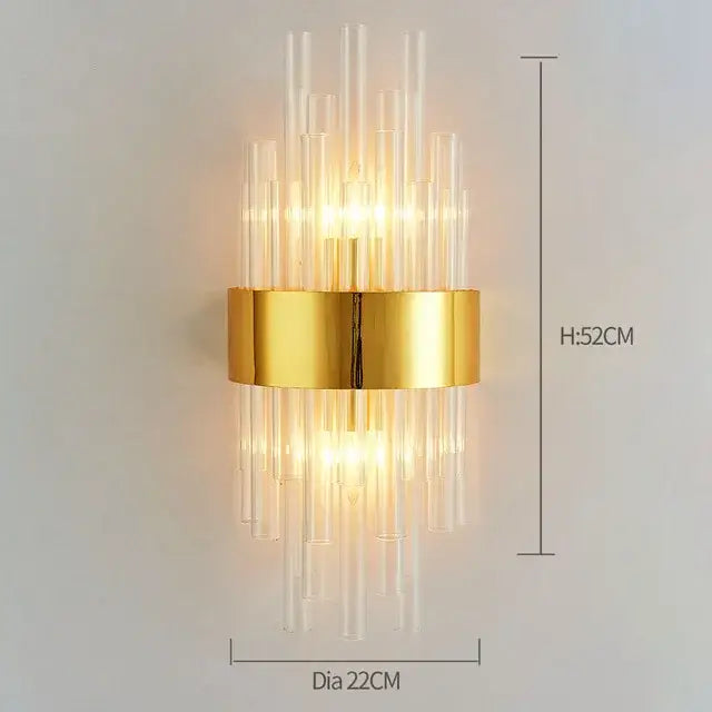 Modern gold wall lamp with clear glass tubes and crystal accents from decorbites crystal wall lamp collection