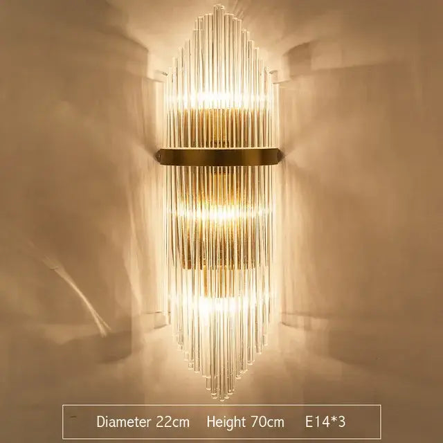 Modern gold and silver crystal wall lamp featuring vertical glass rods and a sleek metallic frame for bedroom decorbites crystal wall lamp