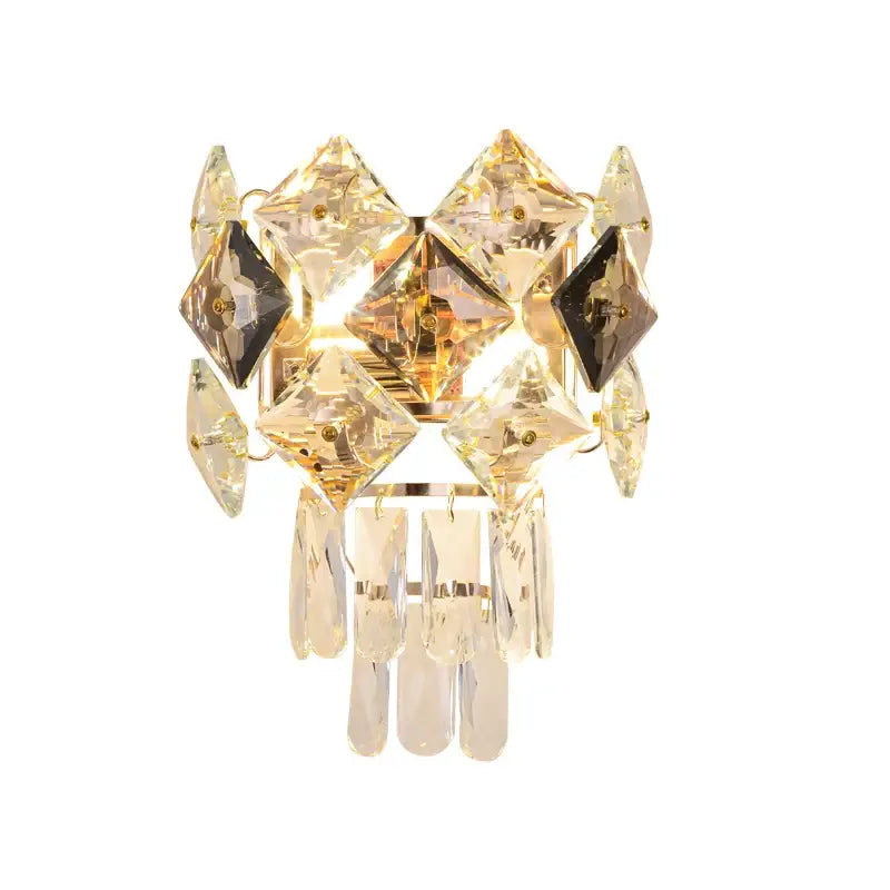 Modern gold decorbites crystal wall sconce with faceted diamond and teardrop pendants in stainless steel for bedroom lighting
