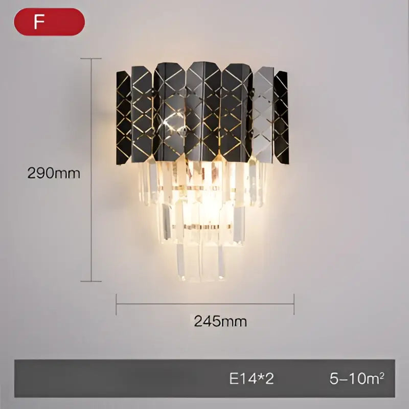 Modern gold and silver crystal wall sconce with black and gold stainless steel geometric design and decorbites crystal gold accents