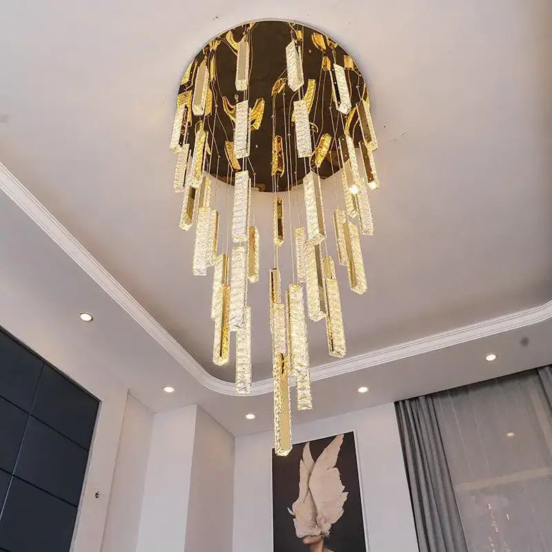 Modern gold and silver decorbites crystal chandelier with cascading rectangular glass rods for dining room light