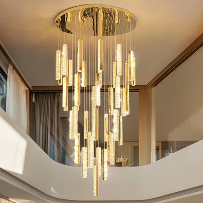 Modern gold and silver decorbites crystal chandelier with cascading cylindrical rods for dining room lighting