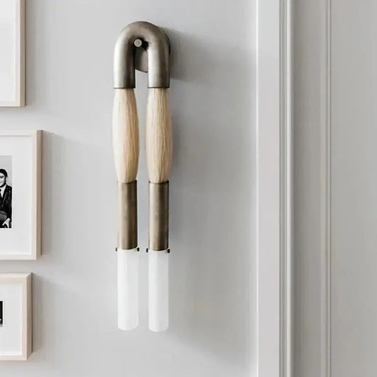 Modern gold and silver decorbites designer tassel wall lamp with brushed metal u-shaped top and frosted glass shades