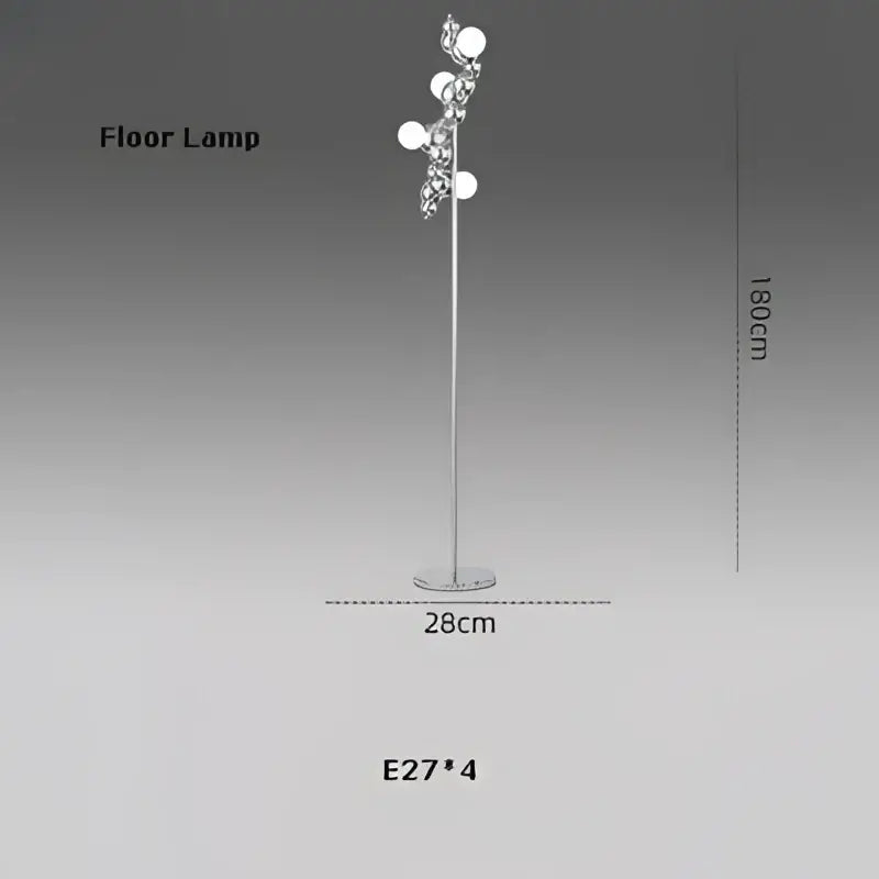 Silver metallic floor lamp with four white spherical bulbs in a branching design for dimmable led hanging pendant light decorbites